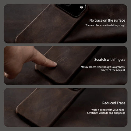OKEYWOW MagSafe Retro leather case for iPhone 15/16/17 series with pull-up back cover and magnetic design, showcasing stylish genuine leather.