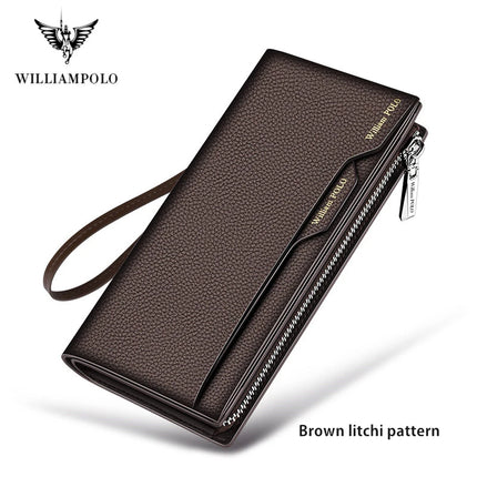 OKEYWOW WilliamPOLO men's genuine leather wallet with zipper, card holder, and business phone bag in black leather.