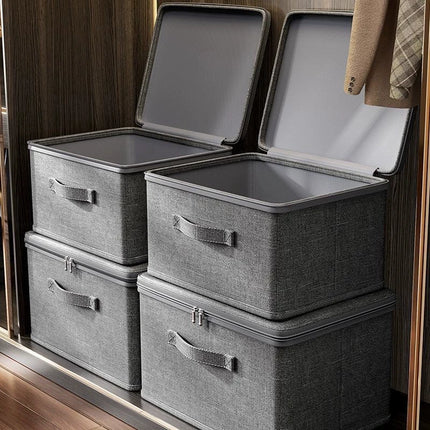 Large capacity OKEYWOW clothes storage box with zipper, foldable wardrobe organizer bag, shown in a folded and zipped state.
