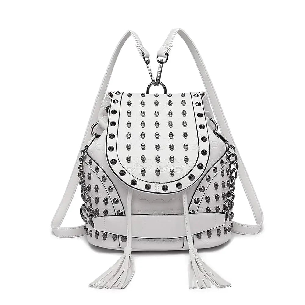 Miss Lulu Gothic Skull Backpack - Faux Leather Studded Shoulder Bag with Chains & Tassels for Women