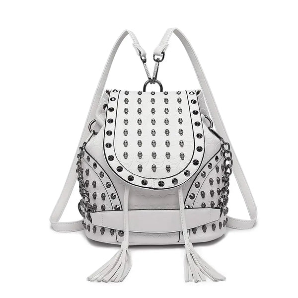 Miss Lulu Gothic Skull Backpack - Faux Leather Studded Shoulder Bag with Chains & Tassels for Women