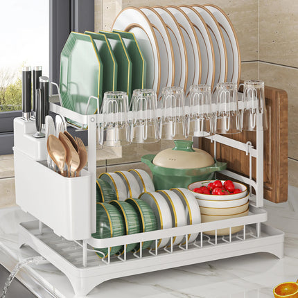 OKEYWOW 2-Tier Dish Drying Rack with drain tray and cutlery holder on a kitchen counter, showing organized space for drying dishes.