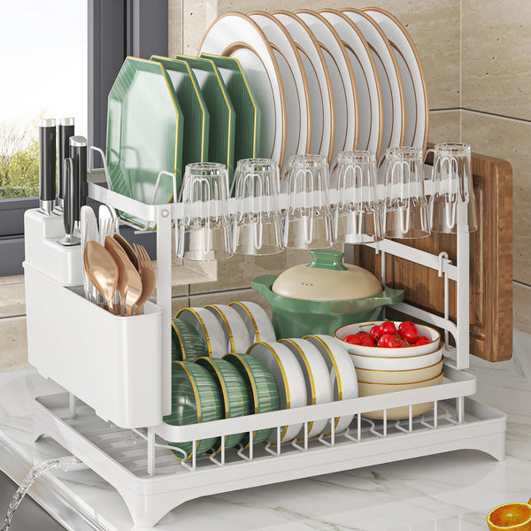 2-Tier Dish Drying Rack with Cutlery Rack, Spout & Draining Tray – Includes Cutlery Holder, Cup Holder & Kitchen Countertop Storage Organizer