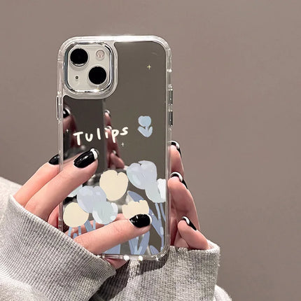 OKEYWOW iPhone flower mirror silicone shockproof case for iPhone 11, 12, 13, 14, 15, 16 Pro Max, XR, XS, SE in vibrant floral design