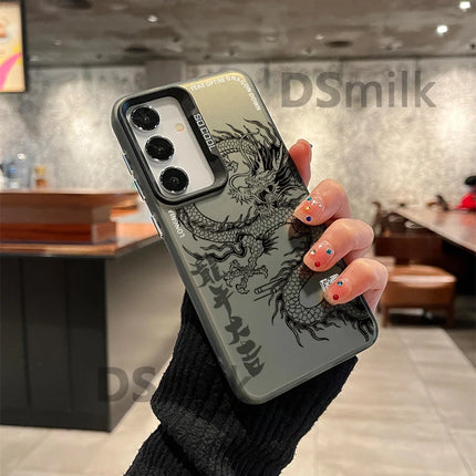 Samsung Galaxy smartphone with OKEYWOW Dragon Case laser PC TPU shockproof cover in black, featuring a detailed dragon design.