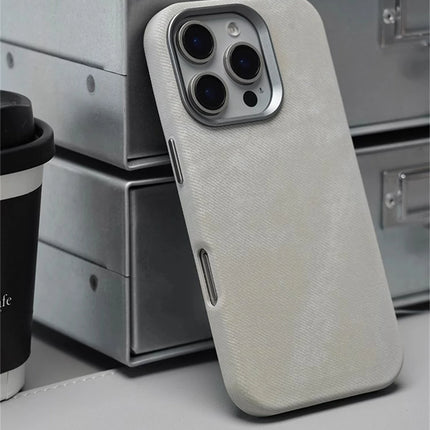 OKEYWOW iPhone Pro Max fiber leather MagSafe shockproof case with wireless charging capability, shown on a white background.