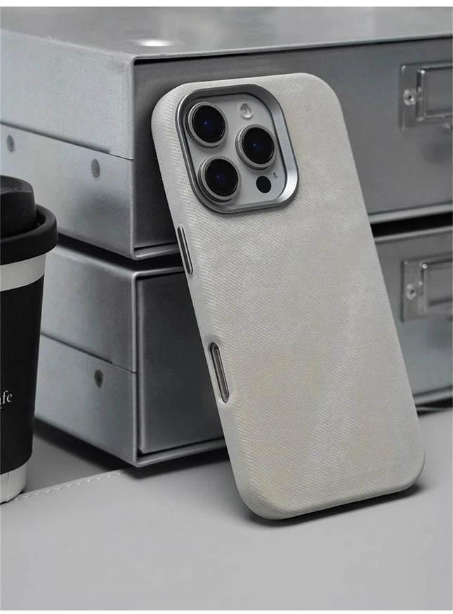 OKEYWOW iPhone Pro Max fiber leather MagSafe shockproof case with wireless charging capability, shown on a white background.