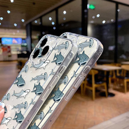 Clear silicone iPhone case with ocean animal design featuring sharks, dolphins, and fish for models 11 to 16 Pro Max from OKEYWOW