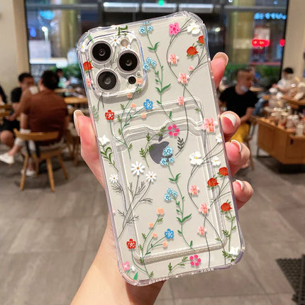 OKAYWOW Flower Wallet iPhone case with card slots, soft cover for iPhone 12-16, featuring colorful floral design.