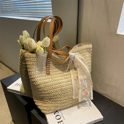Women Woven Tote Bag Summer Large Capacity Shoulder Handbag Grass Straw Handmade Bag
