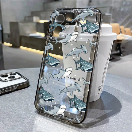 OKEYWOW iPhone ocean animal case with shark, dolphin, and fish design in clear silicone, shockproof cover for various iPhone models.