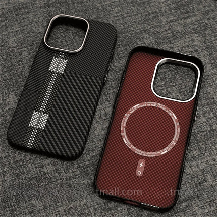 OKEYWOW iPhone 17/16/15 Pro Max relief carbon fiber MagSafe case with metal lens camera protection and hard PC cover.
