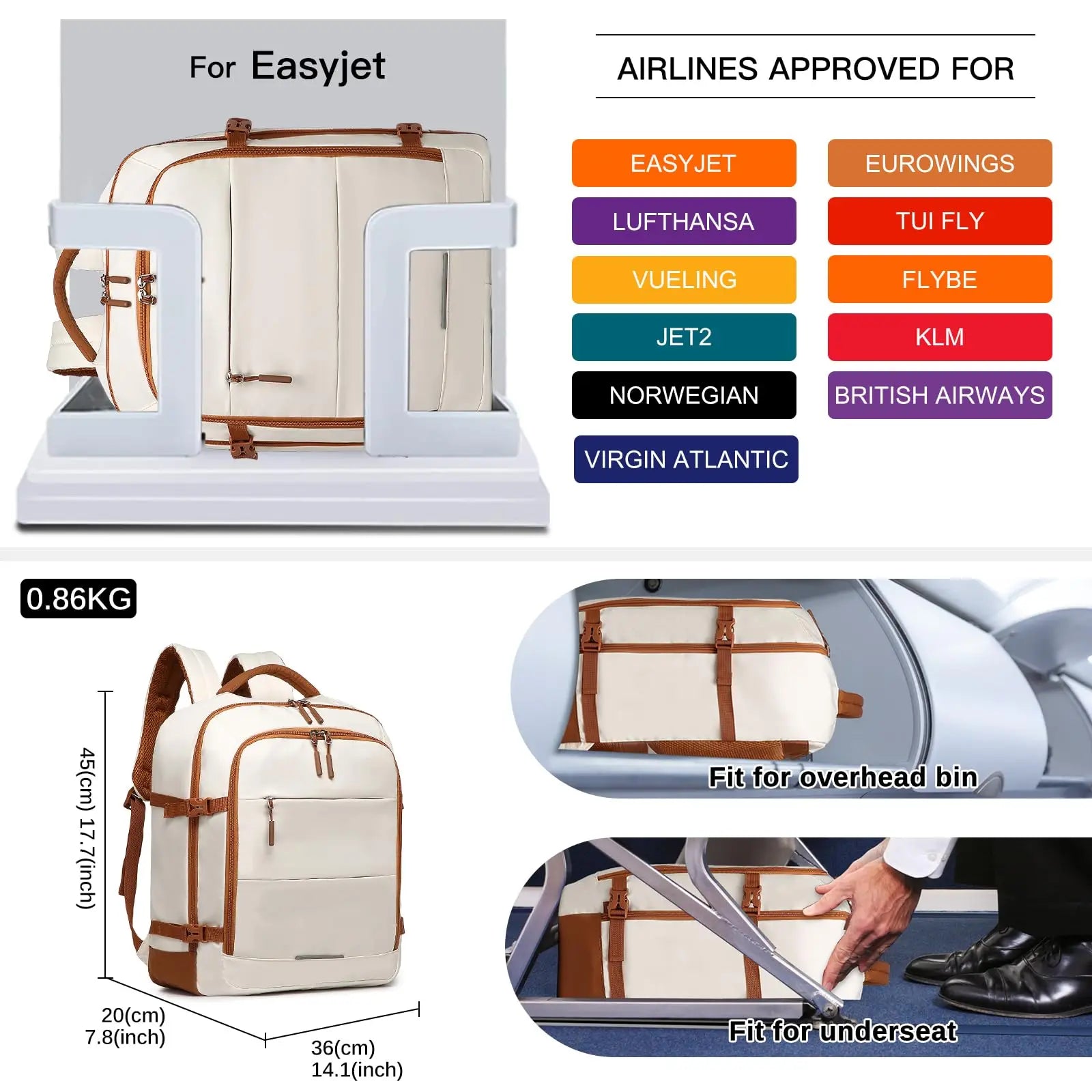 Cabin Travel Backpack 45 x 36 x 20 cm Easyjet Luggage Bag Laptop Weekend Duffel Bag 30L (Beige/Brown)
