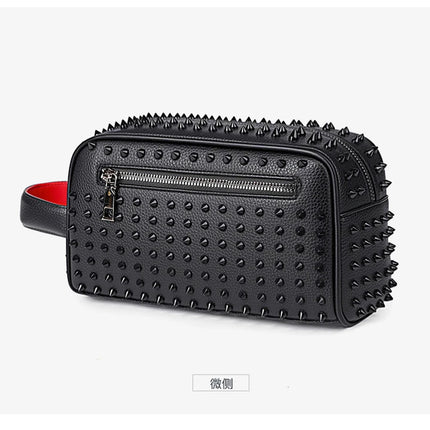 Men's PU leather rivet clutch bag with cyberpunk style waist wallet, strap, and money bag features by OKEYWOW.
