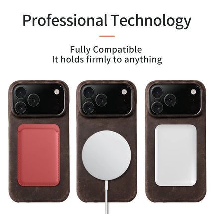 OKEYWOW MagSafe retro genuine leather case for iPhone 15/16/17 series with magnetic pull-up back cover, stylish and protective.