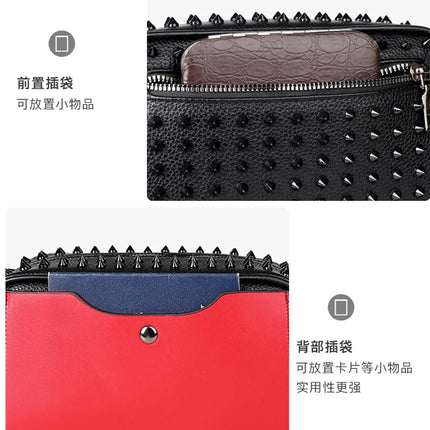 Men's PU leather rivet clutch bag with cyberpunk style waist wallet, strap, and money bag design by OKEYWOW.