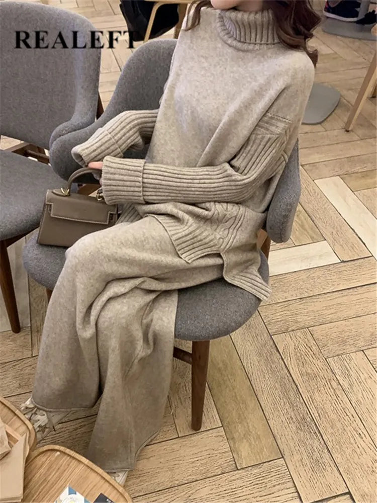 Autumn Winter 2 Pieces Women Sets Knitted Tracksuit 2023 New Turtleneck Sweater and Wide Leg Jogging Pant Pullover Suits