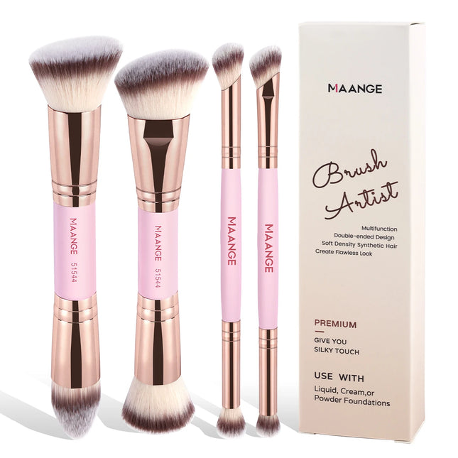 Velora 4Pcs Dual-End Makeup Brush Set with Travel Case for Face & Eyes