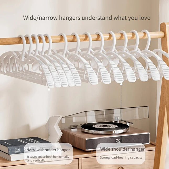 Set of OKEYWOW wide shoulder non-slip clothes hangers in various pack sizes, ideal for space-saving closet organization.