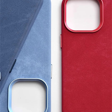 OKEYWOW iPhone Pro Max Fiber Leather MagSafe case with shockproof design and wireless charging capability, shown on a black iPhone.