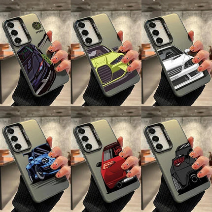 Samsung JDM car-themed TPU shockproof phone case by OKEYWOW for Galaxy A series models, featuring a laser-engraved design.