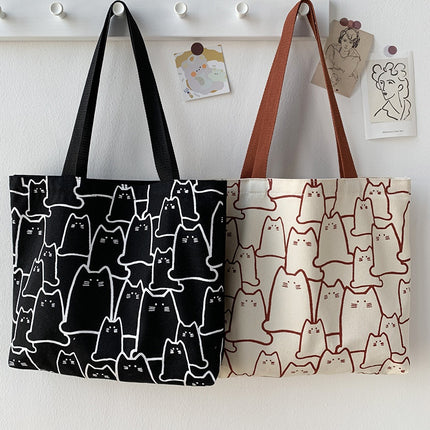 KawaiiCat Canvas Tote Bag Women Shopper Zipper Cartoon Shoulder Handbag