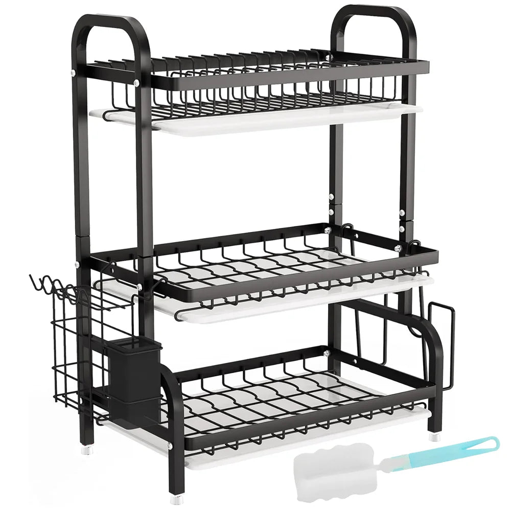 3-Tier Dish Organizer Dish Drying Rack Compact Kitchen Dish Rack Drainboard Set Large Rust-Proof Dish Drainer Kitchen Dish Drain