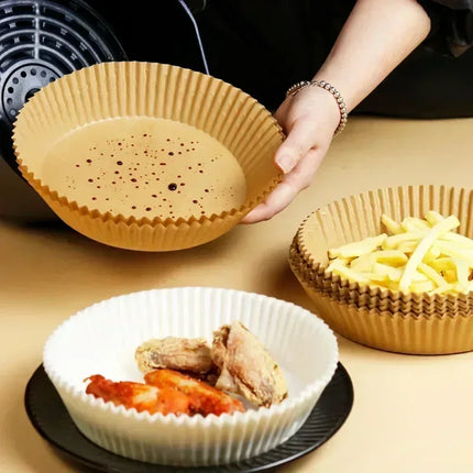 OkeyWOW air fryer disposable paper liners in square and round shapes, non-stick, oil-absorbing baking paper for kitchen use.