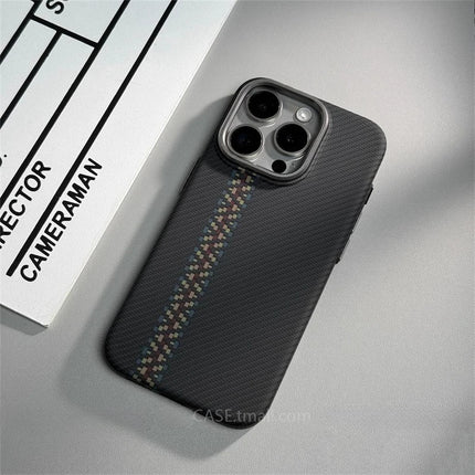 OKEYWOW iPhone 17/16/15 Pro Max relief carbon fiber MagSafe case with metal lens camera protection and hard PC cover.