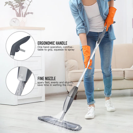 OKeyWOW Magic Spray Mop with 360-degree handle and microfiber reusable pads for wooden and hard floor cleaning.