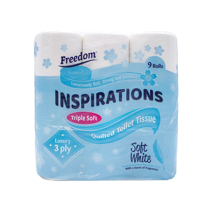 Okeywow Freedom Quilted 9-pack 3-ply soft luxury toilet tissue bathroom rolls, showing soft, quilted toilet paper rolls stacked together.