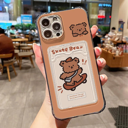 Transparent soft iPhone bear case with card holder for models 11 to 16, by OKEYWOW, showcasing the playful bear design and functional cover.