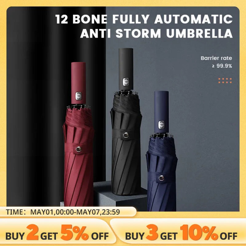 12 Bone Black Glue Fully Automatic Umbrella With Thick And Durable Keel Three Fold Umbrella UV Resistant Folding Umbrella