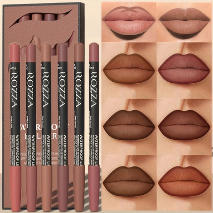 Velora Beauty 6pcs Nude Lip Liner Set Waterproof Matte Finish Non Smudge Smooth Crayon Pencils