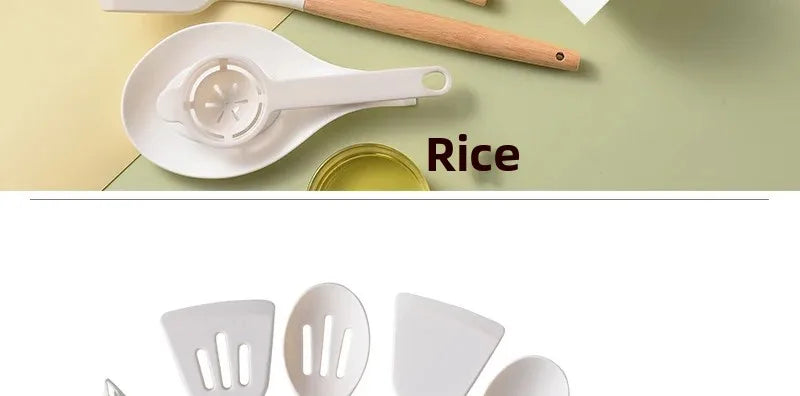 12Pcs Silicone Utensils Set Non-Stick Cookware Spatula Shovel Egg Beaters Wooden Handle Kitchenware Home Kitchen Cooking Tools