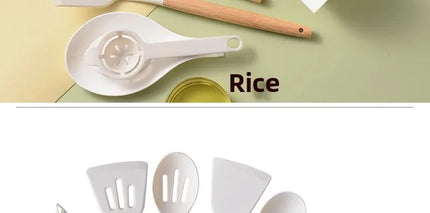 Set of 12 silicone kitchen utensils with non-stick spatulas and wooden handles, ideal for cooking and baking.