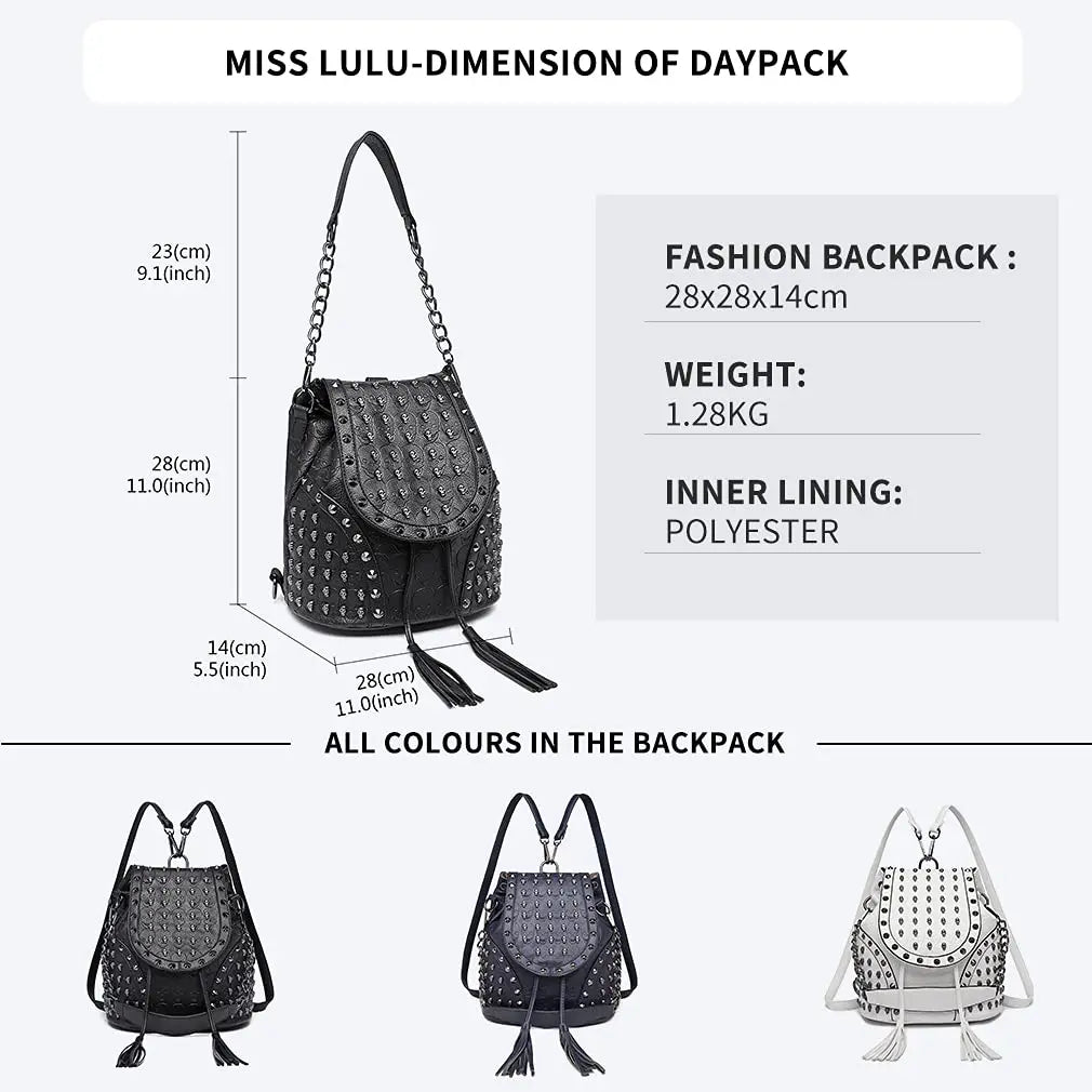 Miss Lulu Gothic Skull Backpack - Faux Leather Studded Shoulder Bag with Chains & Tassels for Women