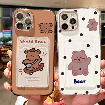 Transparent OKEYWOW iPhone Bear Case for 12/11/13/14/15/16 Pro Max XR XS SE, soft cover with card holder slot.