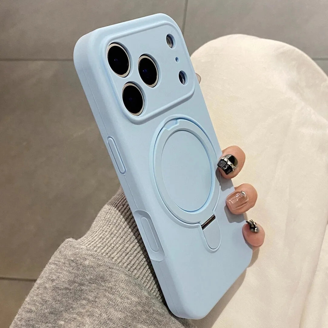 Luxury Magnetic Liquid Silicone Phone Case for iPhone 12–17 Series (Pro/Pro Max/Plus/Air) – MagSafe Holder Stand Soft Cover