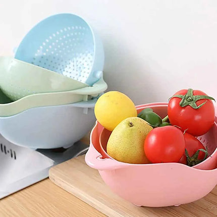 Double Layer Vegetable Washing & Drain Basket with Rotating Strainer