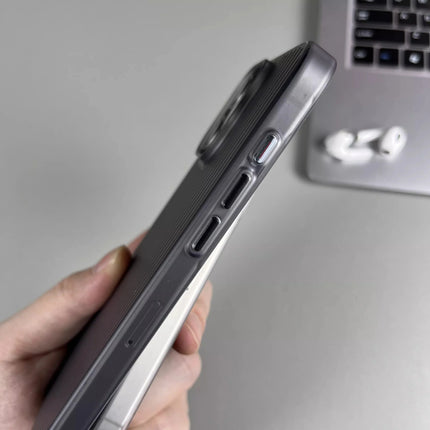 OKEYWOW titanium stripe iPhone case with metal buttons, shockproof armor for iPhone 13, 14, 15, 16 Pro Max and Plus models.