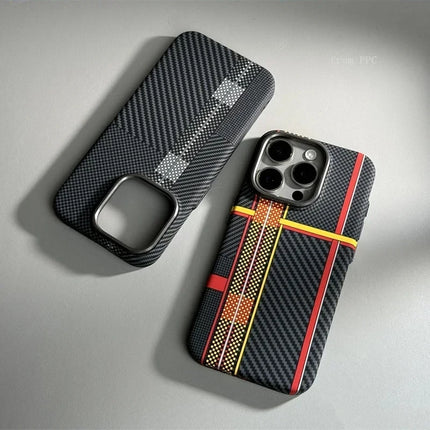 OKEYWOW iPhone 16/15/14 Pro Max carbon fiber geometric MagSafe case with magnetic charging and camera protection.