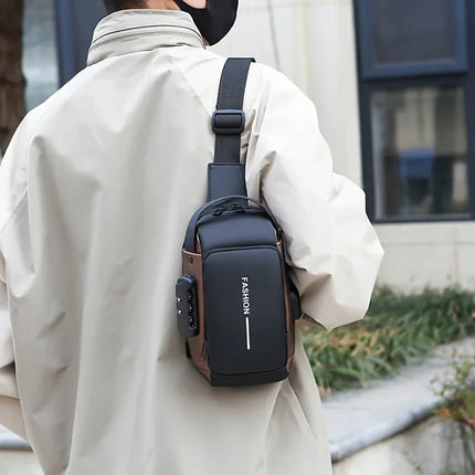 Men’s Oxford fabric sling bag by OKEYWOW with zip closure, motorcycle crossbody design, phone pocket, ideal for daily commute.