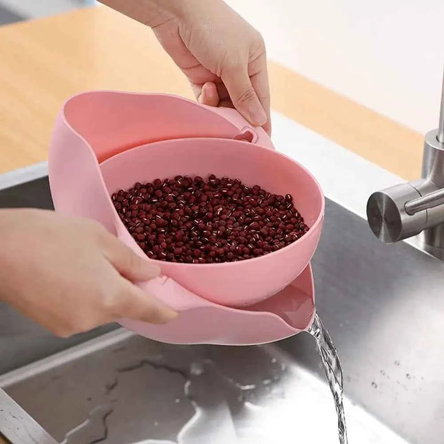 Double Layer Vegetable Washing & Drain Basket with Rotating Strainer