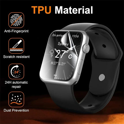 OKEYWOW Apple Watch hydrogel screen protector film for Series 10–5 SE 38-49mm, showing the clear, flexible film on a smartwatch screen.