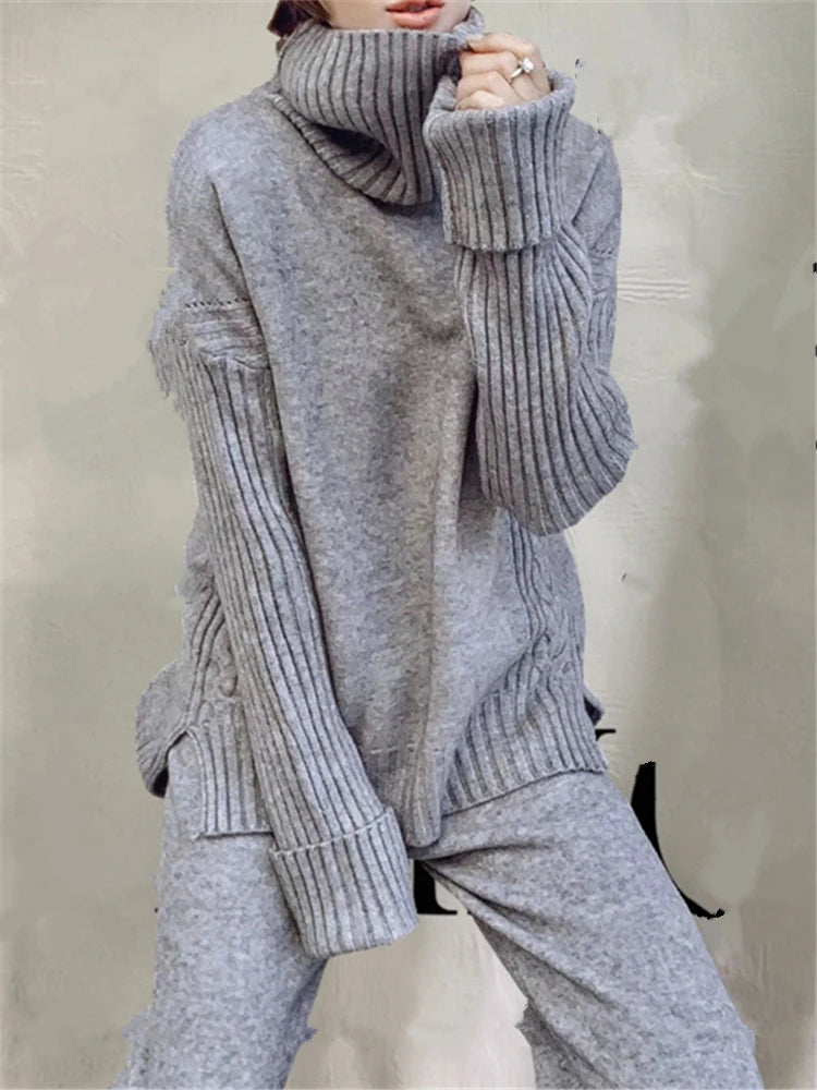 Autumn Winter 2 Pieces Women Sets Knitted Tracksuit 2023 New Turtleneck Sweater and Wide Leg Jogging Pant Pullover Suits