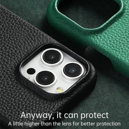 OkeyWOW iPhone 15 Pro Max luxury MagSafe case in cowhide lychee leather with magnetic protection, showcasing its textured leather surface.