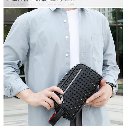 Men's PU leather clutch bag with rivet details, cyberpunk style waist wallet and money purse from OKEYWOW.