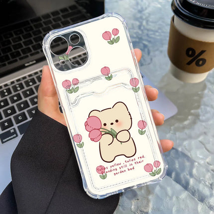 Transparent OKEYWOW iPhone bear case with card holder for 16/15/14/13/12/11 Pro Max XR XS SE, soft protective cover with bear design.