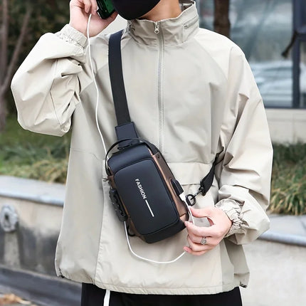 Men's sling bag in oxford fabric with zip closure, featuring a crossbody design, phone pocket, and suitable for daily motorcycle commuting.